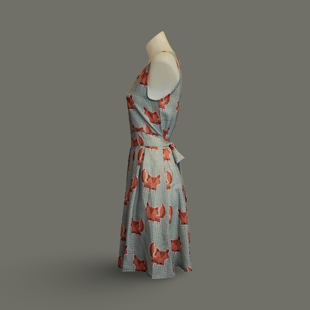 L.A. Soul Fox Print Fit & Flare Sleeveless Tie Dress Blue Orange S Polyester - Picture 3 of 10